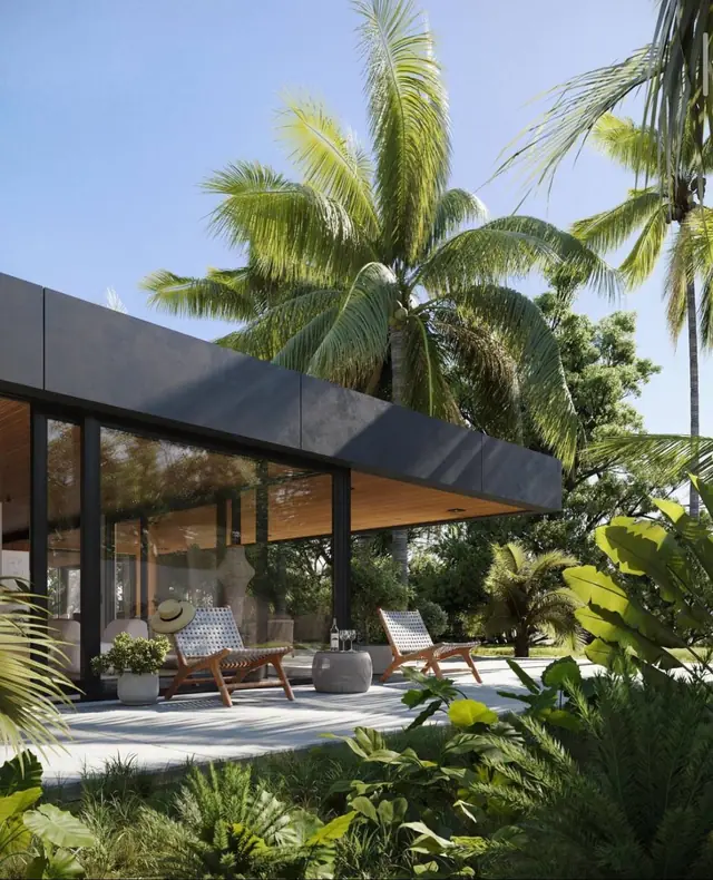 Área externa com paisagismo tropical