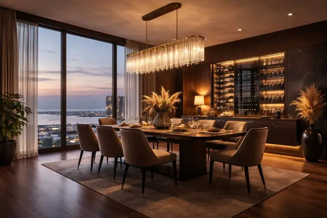 Sala de jantar com vista para a cidade